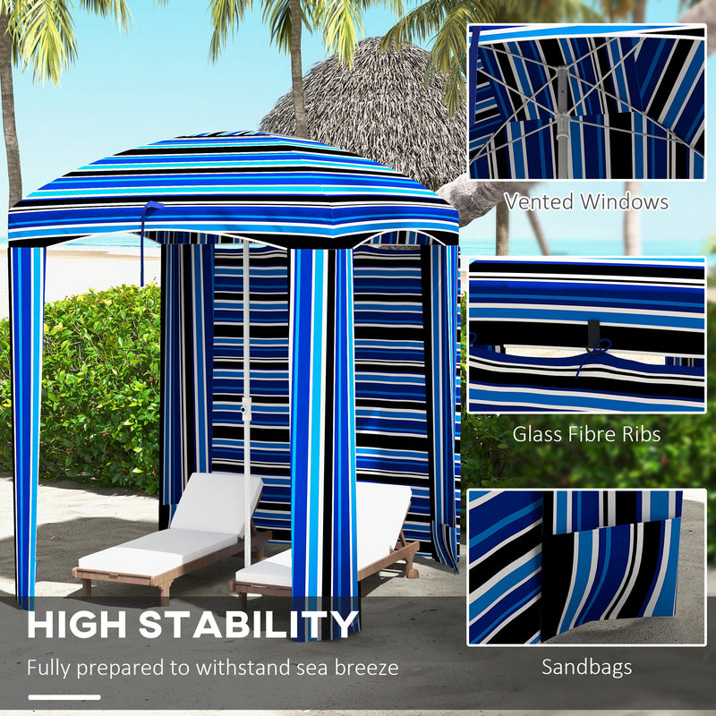Outsunny - 70.1" L x 70.1" W Cabana Umbrella with Walls, Vents, Ruffles, Carry Bag, Beach Umbrella, Blue Stripe — 84D-307V00MX