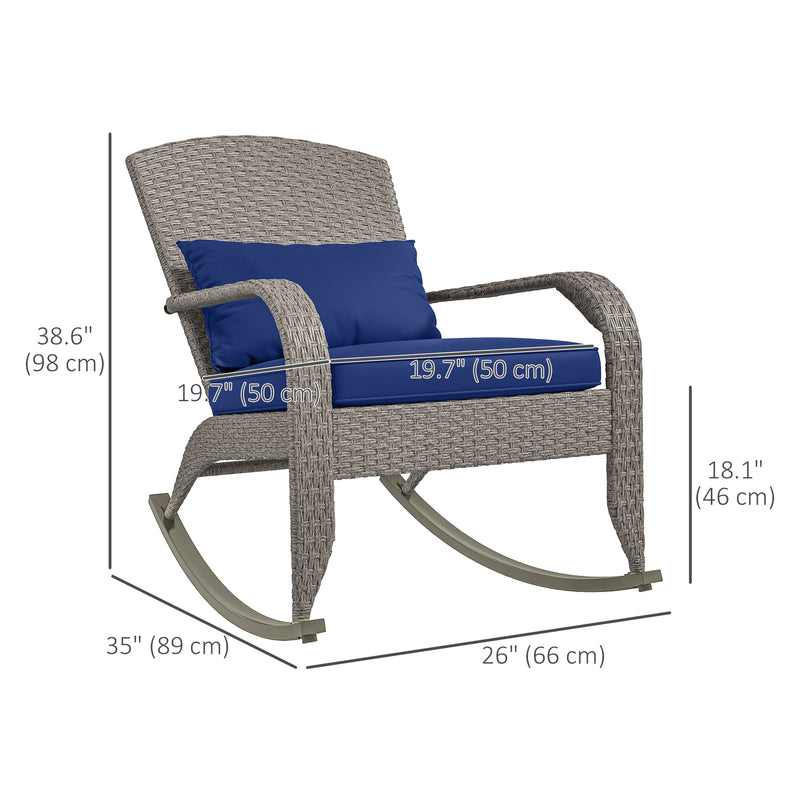 Outsunny - Adirondack Chair, Outdoor Wicker Rocking Chair with High Back, Seat Cushion and Pillow for Porch, Balcony, Dark Blue