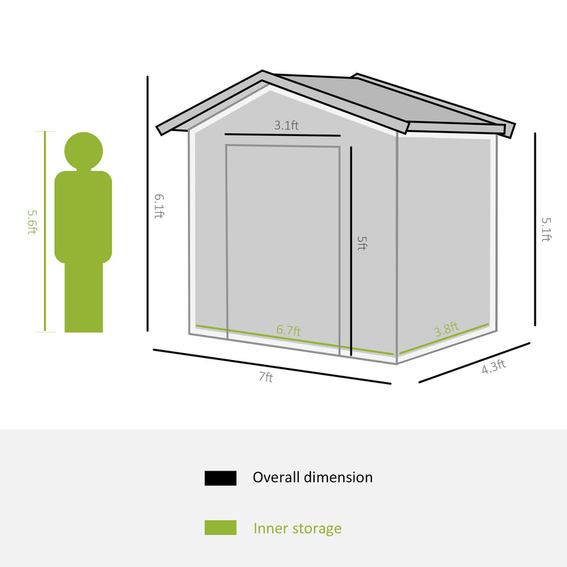 7' x 4' x 6' Garden Storage Shed Outdoor Patio Metal Tool Storage House w/ Foundation Kit and Double Doors Green