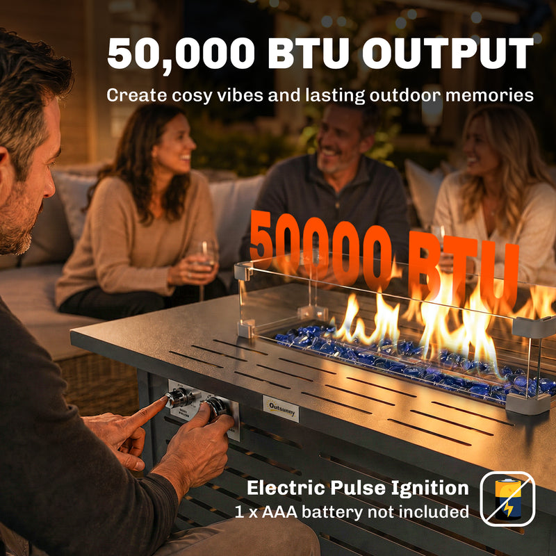 Outsunny - Propane Gas Fire Pit Table, Outdoor Firepit with 43" Steel Tabletop and Lid, 50,000 BTU Pulse Ignition Fire Table w/ Stainless Steel Burner, Glass Wind Guard, and Cover