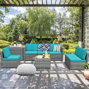 Costway - 8 Piece Wicker Sofa Rattan Dinning Set Patio Furniture with Storage Table-Turquoise