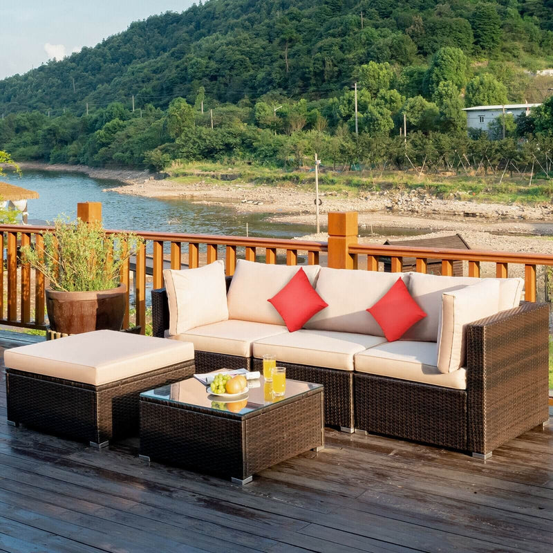 Costway - 5 Pieces Outdoor Patio Rattan Furniture Set Sectional Conversation with Cushions-Beige