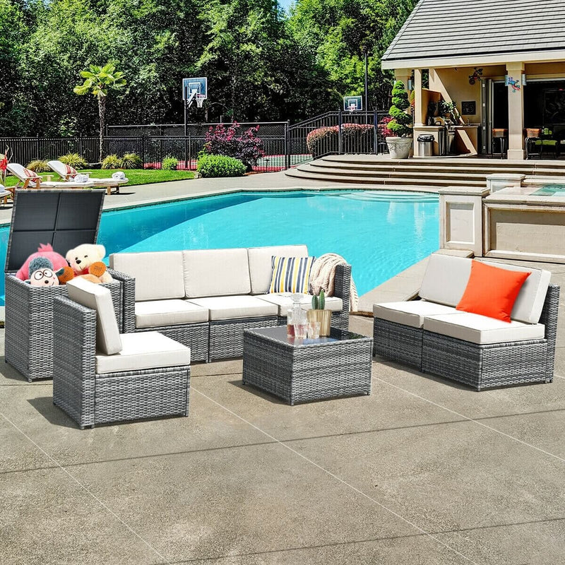 Costway - 8 Piece Wicker Sofa Rattan Dinning Set Patio Furniture with Storage Table-White