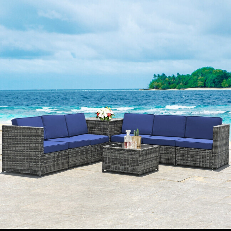 Costway - 8 Piece Wicker Sofa Rattan Dinning Set Patio Furniture with Storage Table-Navy