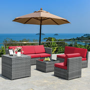 Costway - 8 Piece Wicker Sofa Rattan Dinning Set Patio Furniture with Storage Table-Red
