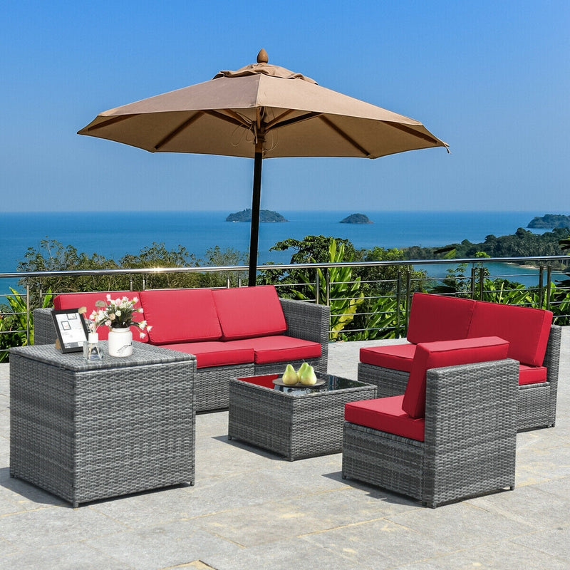 Costway - 8 Piece Wicker Sofa Rattan Dinning Set Patio Furniture with Storage Table-Red