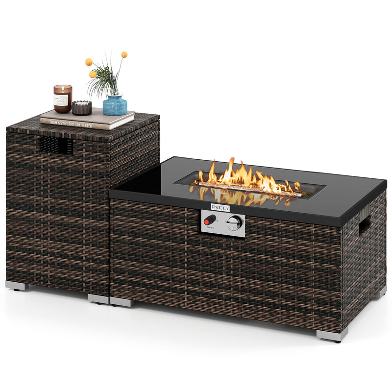 Costway - 2-Piece Outdoor Rattan Fire Table Set 32 Inch Rectangle Gas Firepit with Tank Cover-Brown