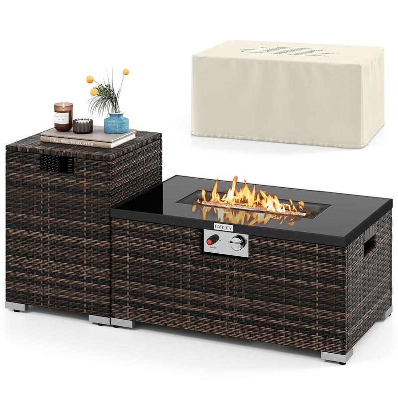 Costway - 2-Piece Outdoor Rattan Fire Table Set 32 Inch Rectangle Gas Firepit with Tank Cover-Brown