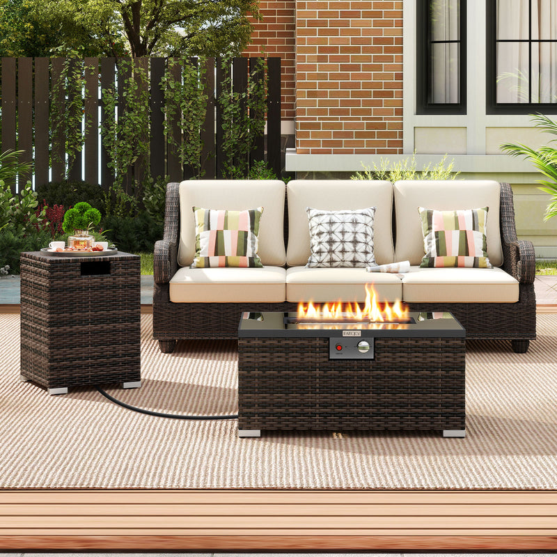 Costway - 2-Piece Outdoor Rattan Fire Table Set 32 Inch Rectangle Gas Firepit with Tank Cover-Brown