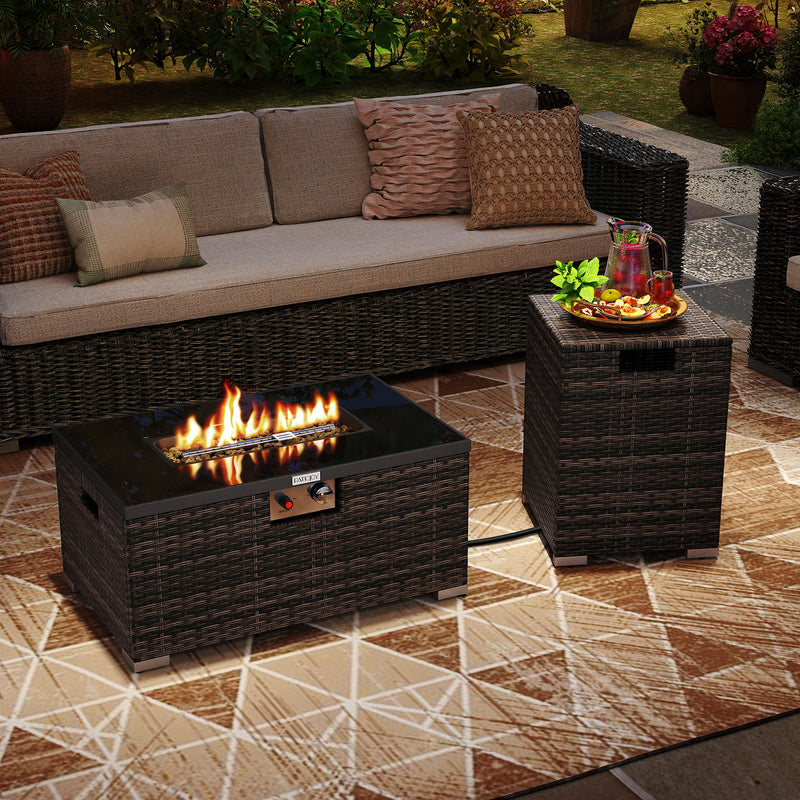 Costway - 2-Piece Outdoor Rattan Fire Table Set 32 Inch Rectangle Gas Firepit with Tank Cover-Brown