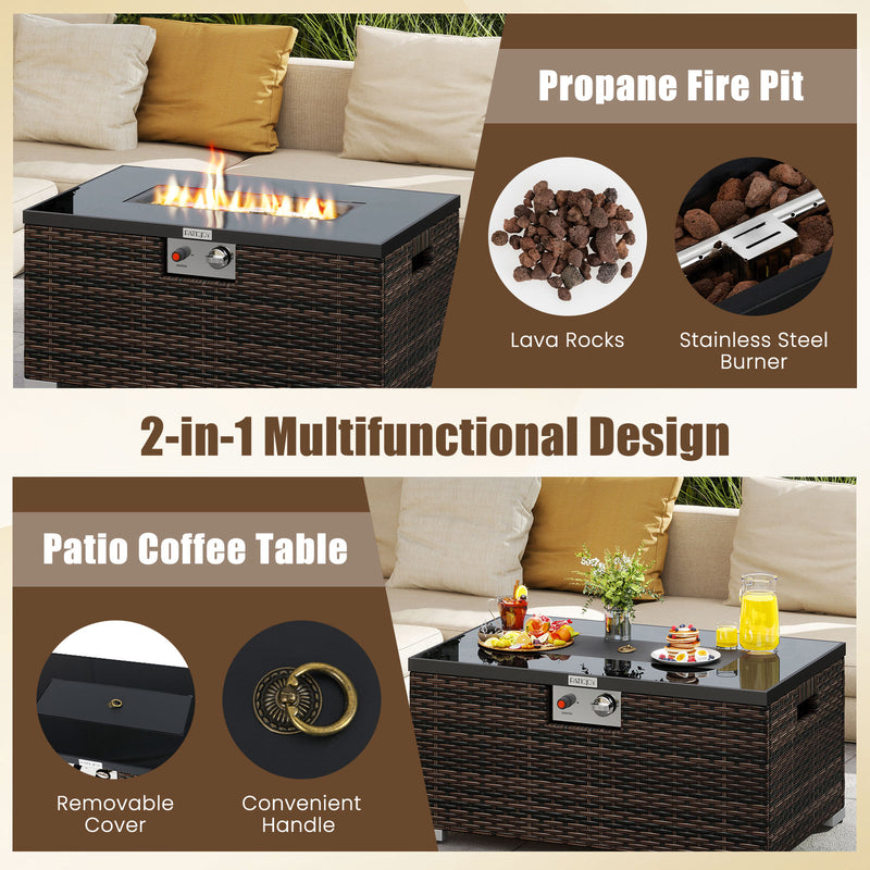 Costway - 2-Piece Outdoor Rattan Fire Table Set 32 Inch Rectangle Gas Firepit with Tank Cover-Brown