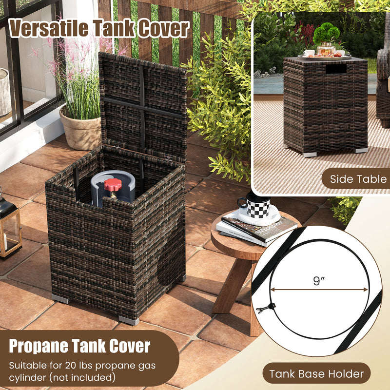 Costway - 2-Piece Outdoor Rattan Fire Table Set 32 Inch Rectangle Gas Firepit with Tank Cover-Brown