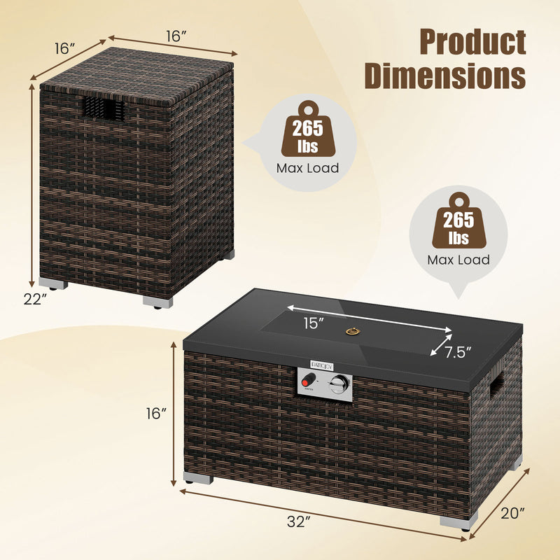 Costway - 2-Piece Outdoor Rattan Fire Table Set 32 Inch Rectangle Gas Firepit with Tank Cover-Brown