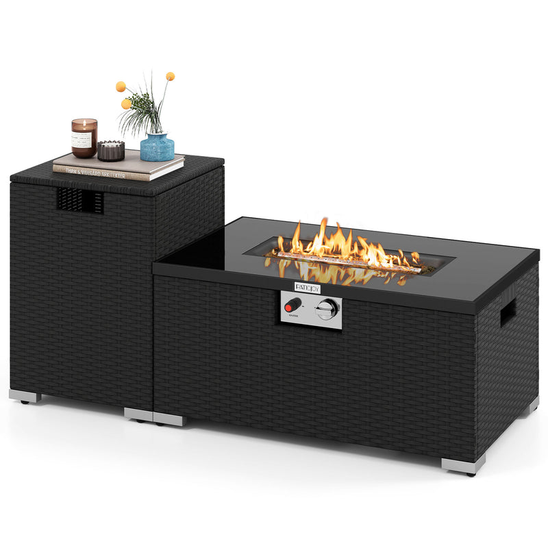 Costway - 2-Piece Outdoor Rattan Fire Table Set 32 Inch Rectangle Gas Firepit with Tank Cover-Black