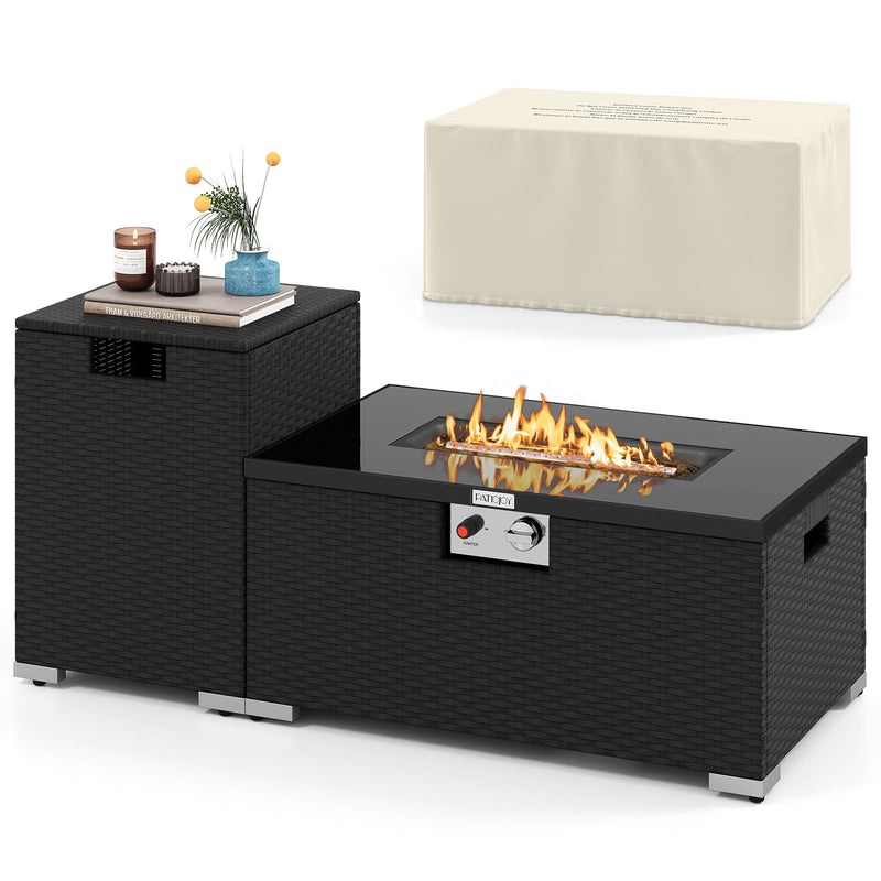 Costway - 2-Piece Outdoor Rattan Fire Table Set 32 Inch Rectangle Gas Firepit with Tank Cover-Black