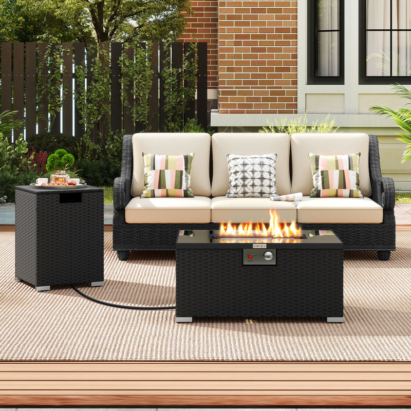 Costway - 2-Piece Outdoor Rattan Fire Table Set 32 Inch Rectangle Gas Firepit with Tank Cover-Black