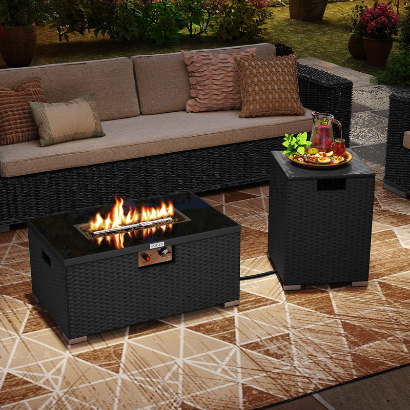 Costway - 2-Piece Outdoor Rattan Fire Table Set 32 Inch Rectangle Gas Firepit with Tank Cover-Black