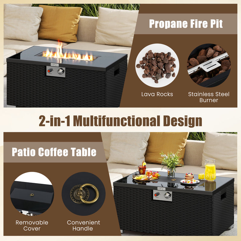 Costway - 2-Piece Outdoor Rattan Fire Table Set 32 Inch Rectangle Gas Firepit with Tank Cover-Black