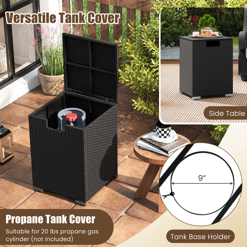 Costway - 2-Piece Outdoor Rattan Fire Table Set 32 Inch Rectangle Gas Firepit with Tank Cover-Black