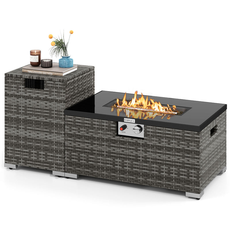 Costway - 2-Piece Outdoor Rattan Fire Table Set 32 Inch Rectangle Gas Firepit with Tank Cover-Gray