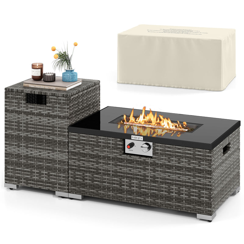 Costway - 2-Piece Outdoor Rattan Fire Table Set 32 Inch Rectangle Gas Firepit with Tank Cover-Gray