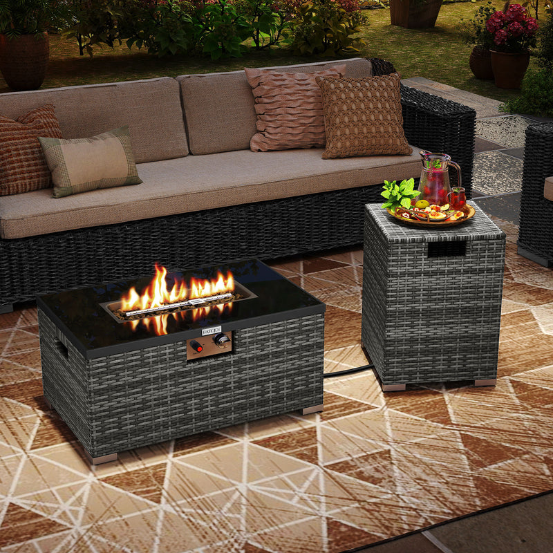 Costway - 2-Piece Outdoor Rattan Fire Table Set 32 Inch Rectangle Gas Firepit with Tank Cover-Gray