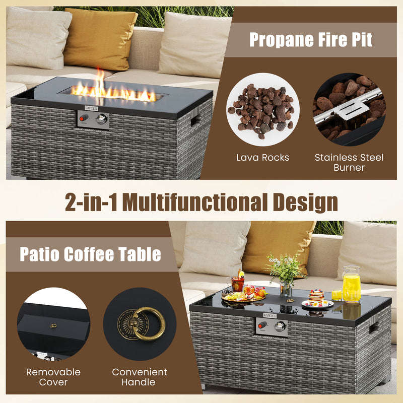 Costway - 2-Piece Outdoor Rattan Fire Table Set 32 Inch Rectangle Gas Firepit with Tank Cover-Gray