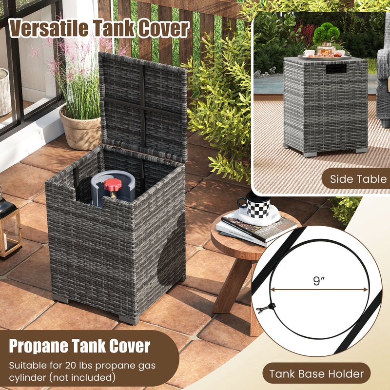 Costway - 2-Piece Outdoor Rattan Fire Table Set 32 Inch Rectangle Gas Firepit with Tank Cover-Gray