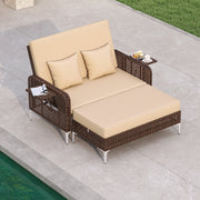 Costway - 2 Piece Patio Rattan Daybed Wicker Loveseat and Ottoman with Adjustable Backrest-Brown