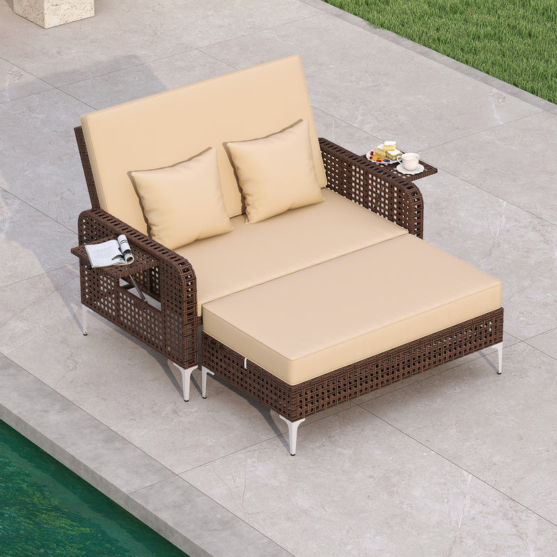 Costway - 2 Piece Patio Rattan Daybed Wicker Loveseat and Ottoman with Adjustable Backrest-Brown
