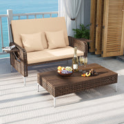 Costway - 2 Piece Patio Rattan Daybed Wicker Loveseat and Ottoman with Adjustable Backrest-Brown