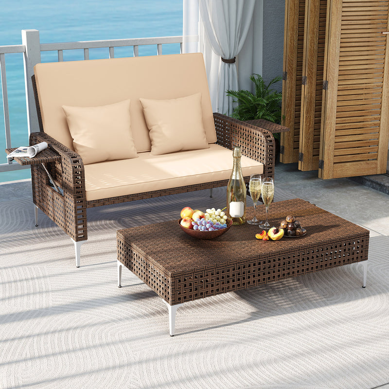 Costway - 2 Piece Patio Rattan Daybed Wicker Loveseat and Ottoman with Adjustable Backrest-Brown