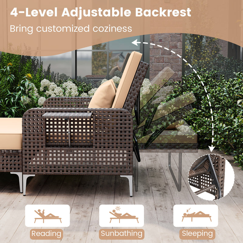 Costway - 2 Piece Patio Rattan Daybed Wicker Loveseat and Ottoman with Adjustable Backrest-Brown