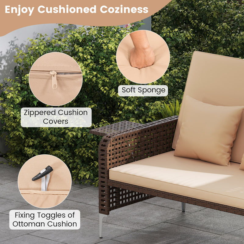 Costway - 2 Piece Patio Rattan Daybed Wicker Loveseat and Ottoman with Adjustable Backrest-Brown
