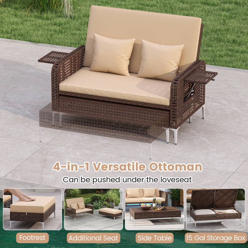 Costway - 2 Piece Patio Rattan Daybed Wicker Loveseat and Ottoman with Adjustable Backrest-Brown