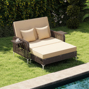 Costway - 2 Piece Patio Rattan Daybed Wicker Loveseat and Ottoman with Adjustable Backrest-Brown