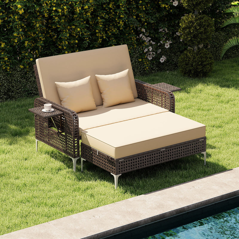 Costway - 2 Piece Patio Rattan Daybed Wicker Loveseat and Ottoman with Adjustable Backrest-Brown