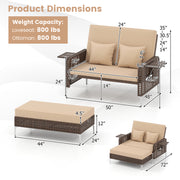 Costway - 2 Piece Patio Rattan Daybed Wicker Loveseat and Ottoman with Adjustable Backrest-Brown