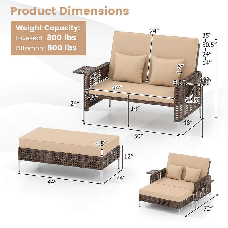 Costway - 2 Piece Patio Rattan Daybed Wicker Loveseat and Ottoman with Adjustable Backrest-Brown