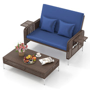 Costway - 2 Piece Patio Rattan Daybed Wicker Loveseat and Ottoman with Adjustable Backrest-Navy