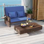 Costway - 2 Piece Patio Rattan Daybed Wicker Loveseat and Ottoman with Adjustable Backrest-Navy