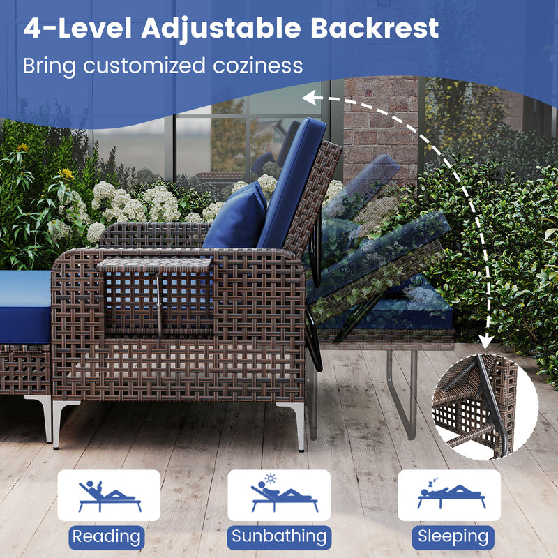 Costway - 2 Piece Patio Rattan Daybed Wicker Loveseat and Ottoman with Adjustable Backrest-Navy