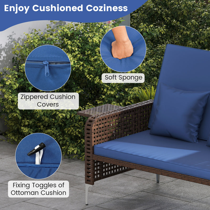 Costway - 2 Piece Patio Rattan Daybed Wicker Loveseat and Ottoman with Adjustable Backrest-Navy