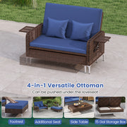 Costway - 2 Piece Patio Rattan Daybed Wicker Loveseat and Ottoman with Adjustable Backrest-Navy