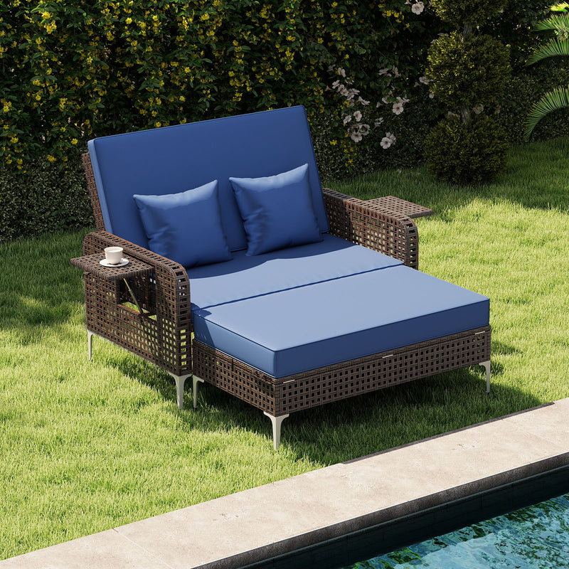 Costway - 2 Piece Patio Rattan Daybed Wicker Loveseat and Ottoman with Adjustable Backrest-Navy