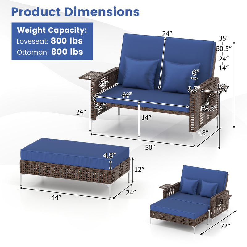 Costway - 2 Piece Patio Rattan Daybed Wicker Loveseat and Ottoman with Adjustable Backrest-Navy