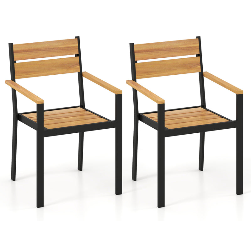 Costway - 2 piece Outside Patio Dining Chair with Acacia Armrest for Backyard Garden