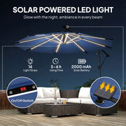 10 ft Offset Patio Umbrella with Solar Light, Garden Hanging Parasol with 360° Rotation, Tilt, Cover, Navy Blue