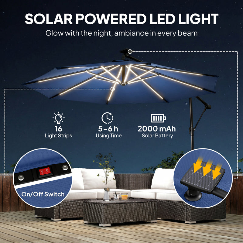 10 ft Offset Patio Umbrella with Solar Light, Garden Hanging Parasol with 360° Rotation, Tilt, Cover, Navy Blue