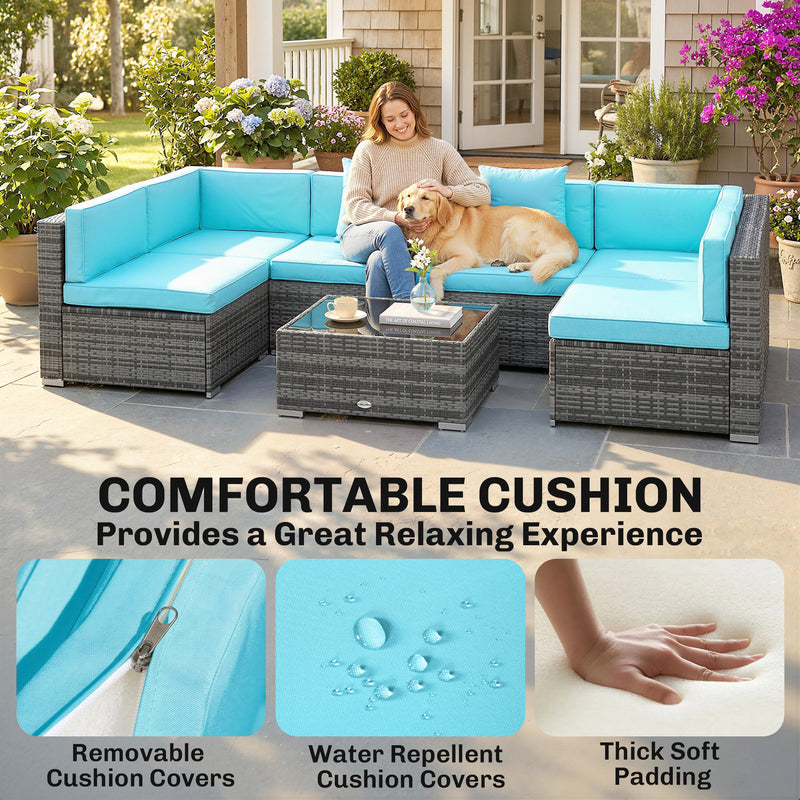 Outsunny - 7 Pieces Outdoor Rattan Furniture Set, Patio Wicker Sectional Conversation Sofa Set, Blue